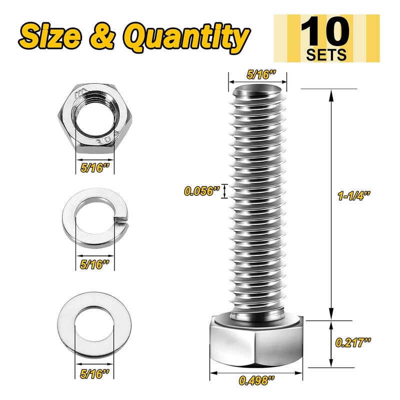 MYWISH (10 Sets) 5/16-18x1-1/4 Hex Head Assorted Screws Nuts and Bolts with Flat & Lock Washers, 304 Stainless Steel 18-8, Fully Threaded, 5/16 Bolt Metric Bolt Assortment - Image 2
